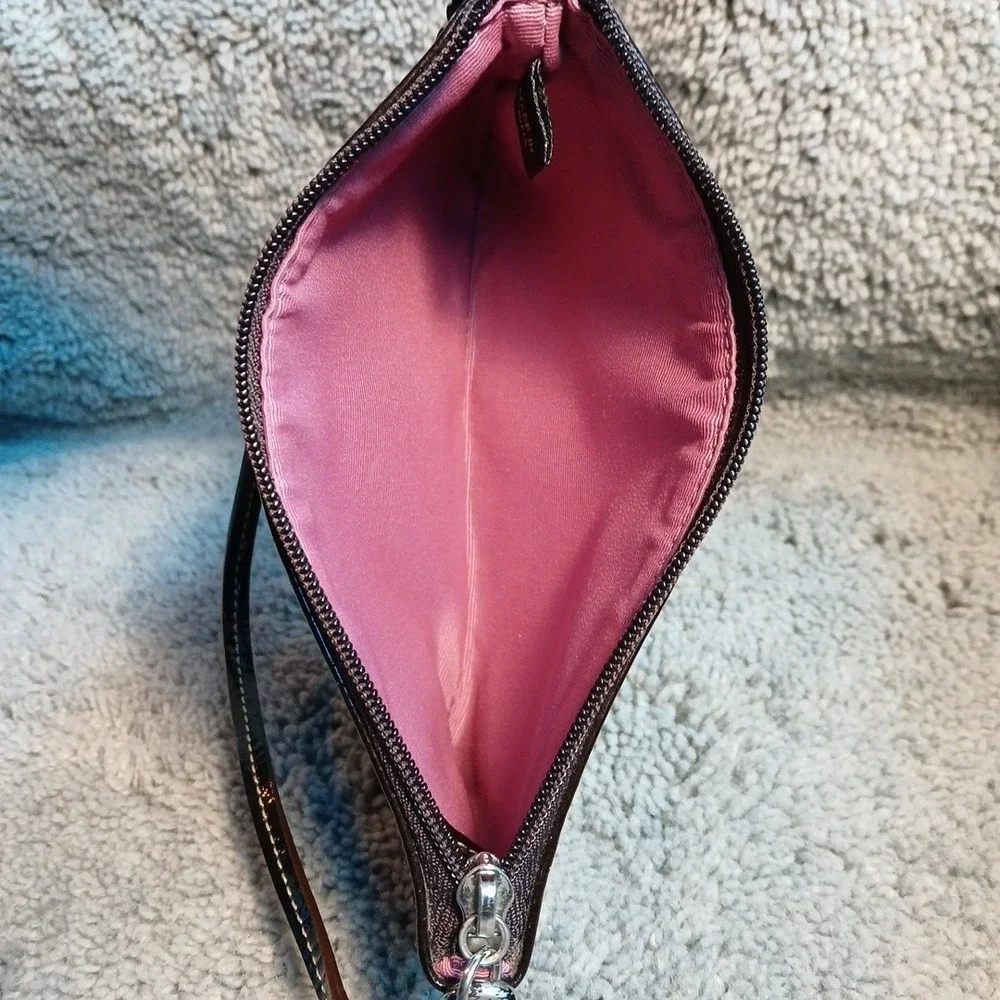 Coach Embossed Brown Patent Leather Wristlet Rose Mauve Satin Inside